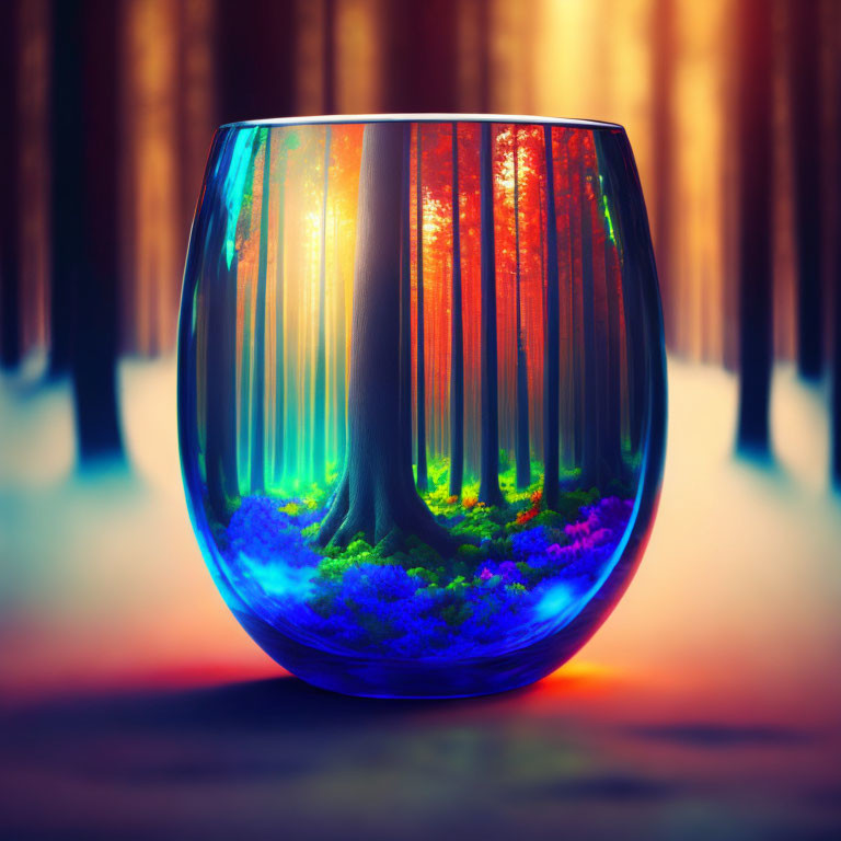 Colorful Round Glass Vase with Forest Reflection and Sunrise/Sunset Backdrop