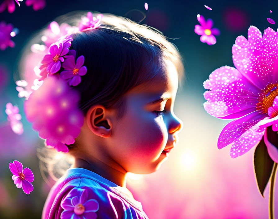 Toddler mesmerized by radiant pink flower in magical light