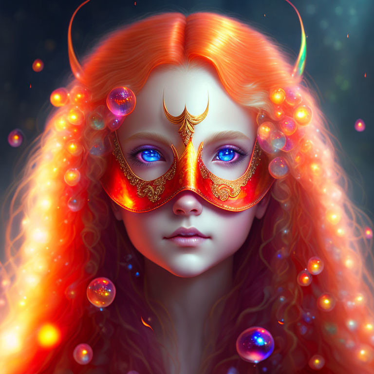 Vivid orange hair, blue eyes, golden mask digital art piece