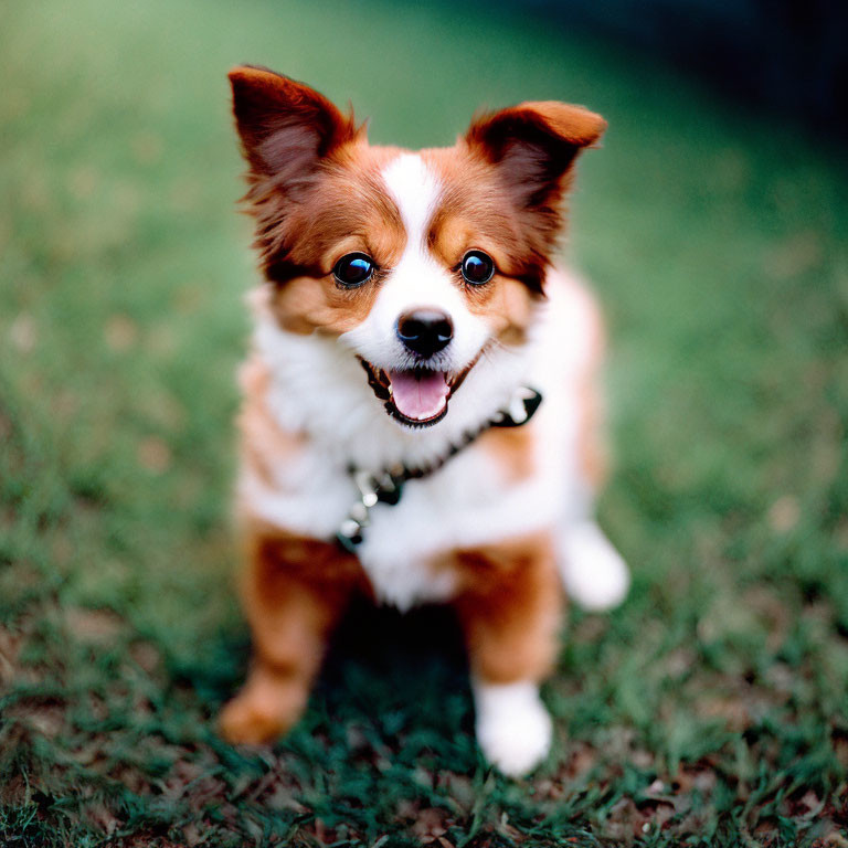 Fluffy-eared dog with pearl necklace on grass