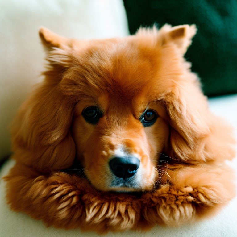 Fluffy lion-like fur dog resting on sofa with cushions