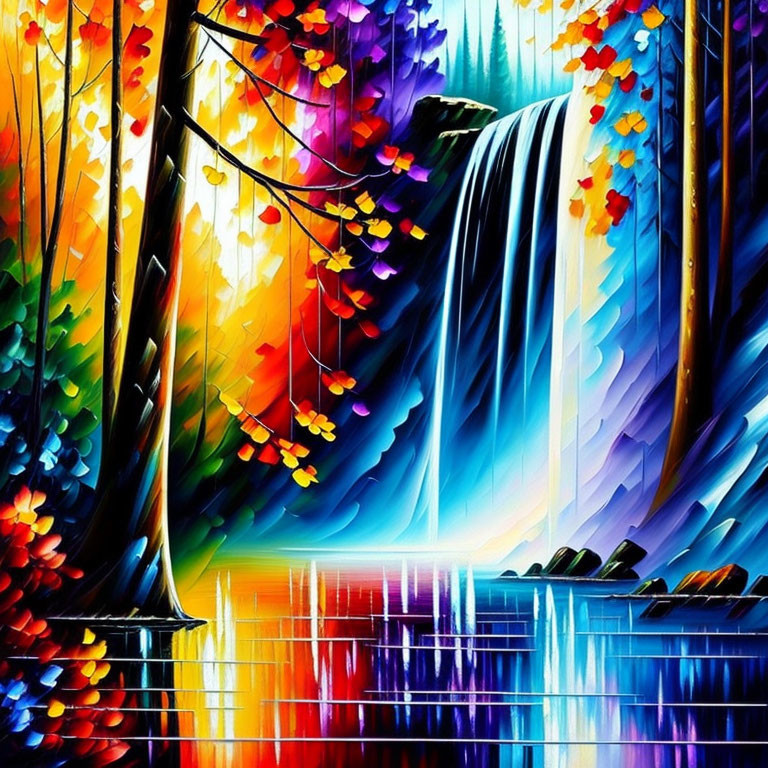 Colorful Waterfall Painting with Reflective Surface