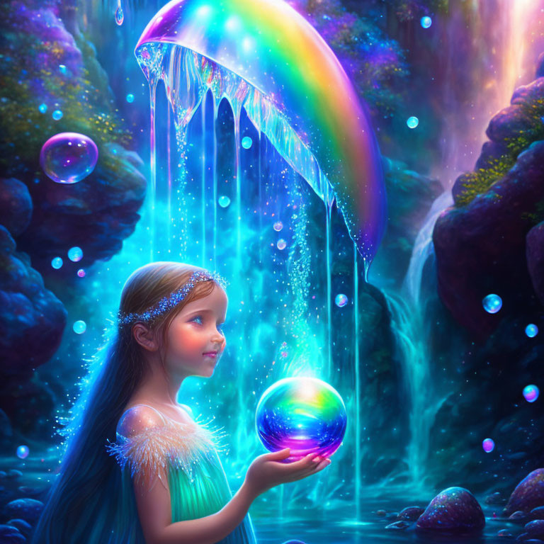 Young girl with tiara holding glowing orb in magical forest with rainbow waterfall