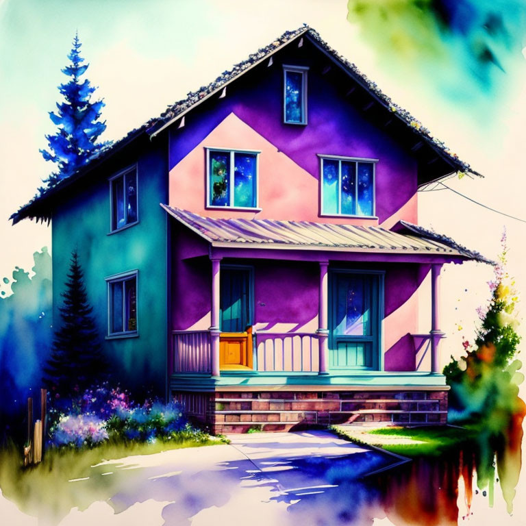 Colorful watercolor illustration of a two-story house with purple and blue facade, surrounded by lush green