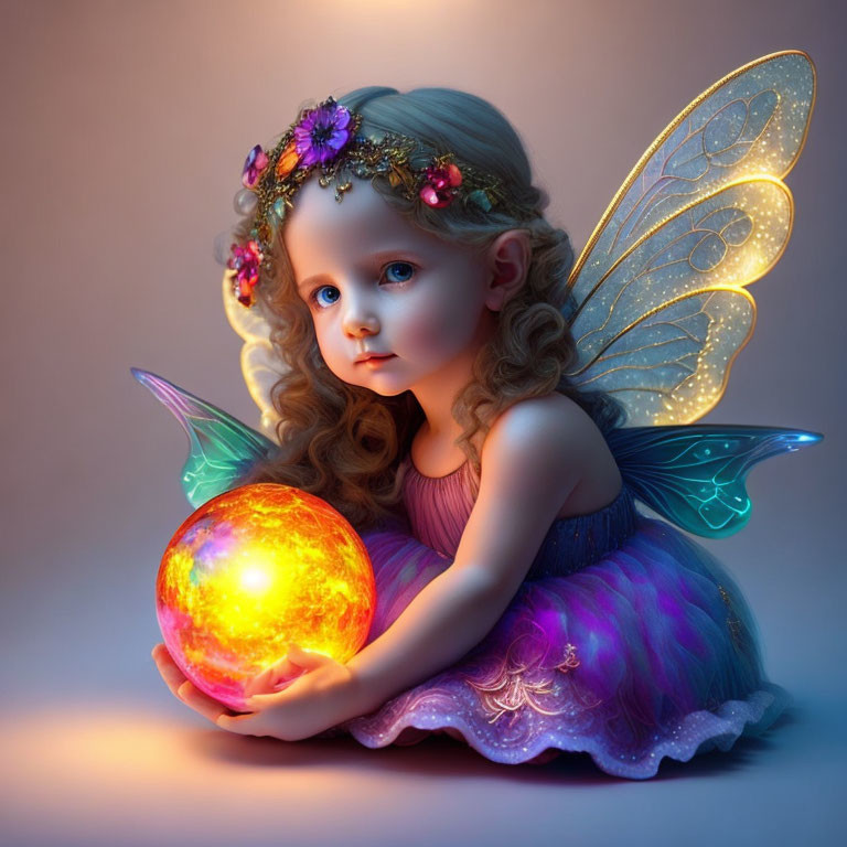 Young fairy girl with glowing orb and flower crown in digital artwork