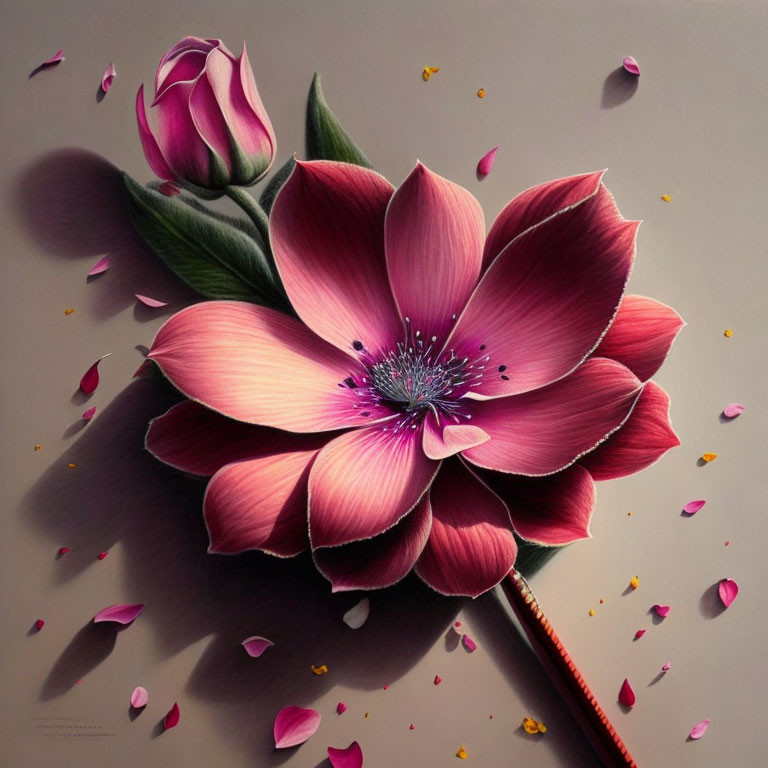 Hyper-realistic Drawing of Large Pink Flower with Blooming Bud on Gray Background