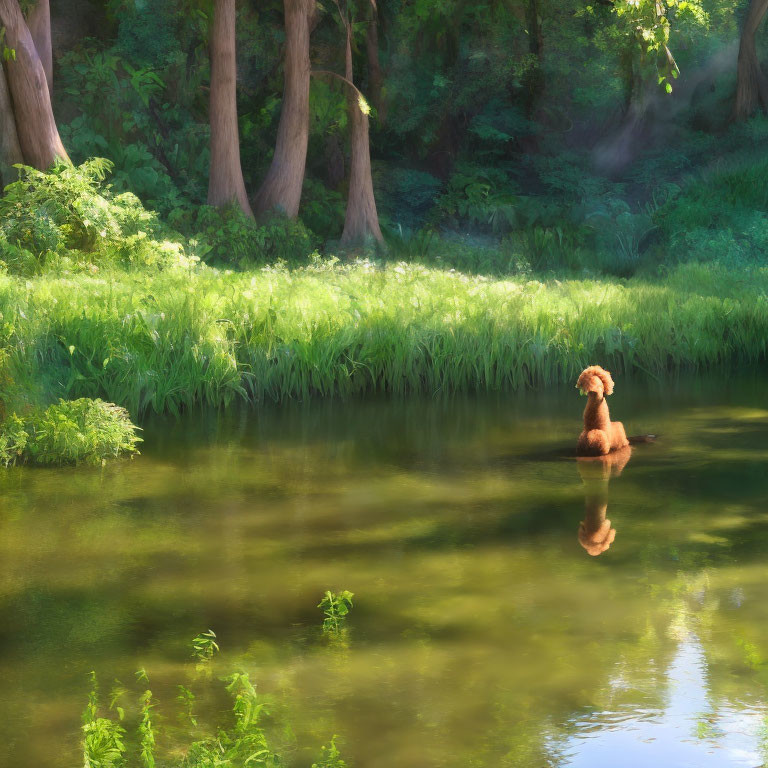 Tranquil forest with dog in river, lush greenery & sunlight