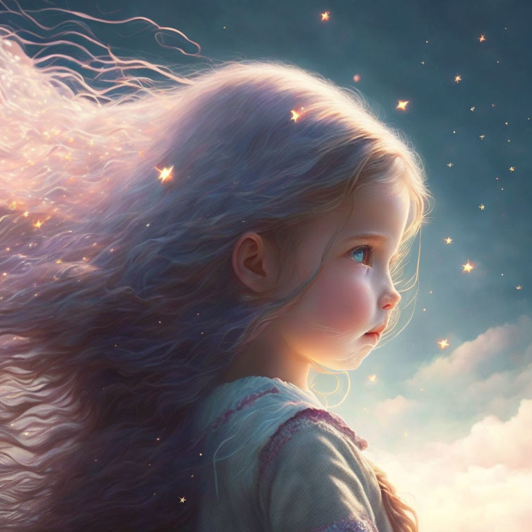 Young girl with flowing hair under starry sky and blue backdrop.