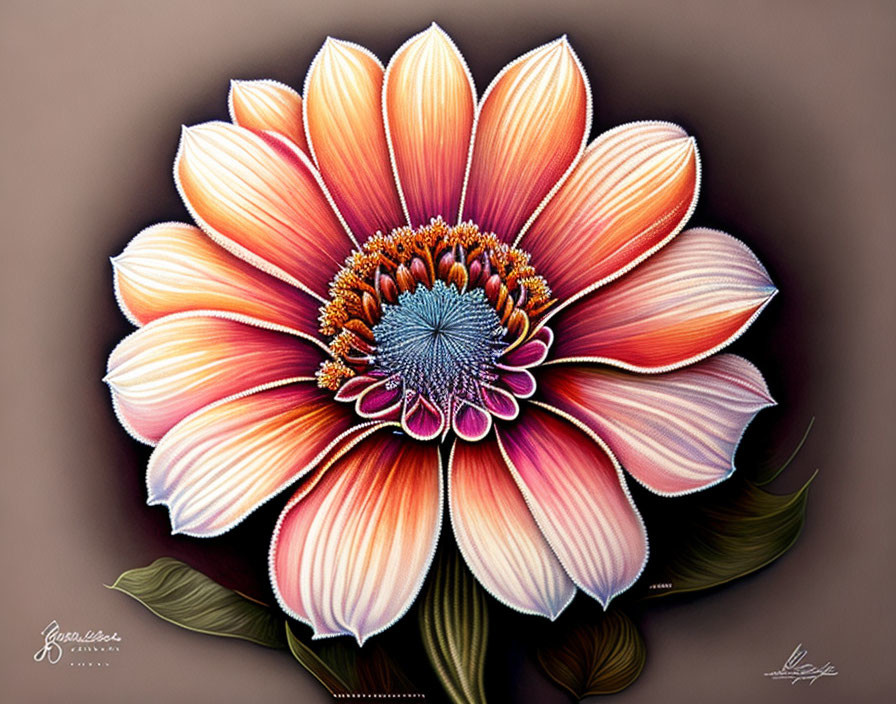 Detailed Orange and Pink Flower Illustration on Dark Background