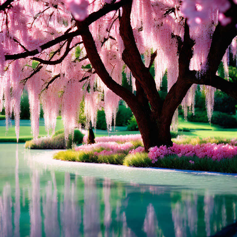 Tranquil Park Scene: Weeping Cherry Tree in Full Bloom by Pond