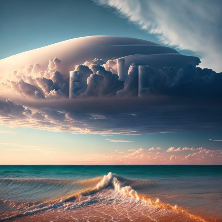 Surreal seascape with cresting wave and futuristic cloud structure