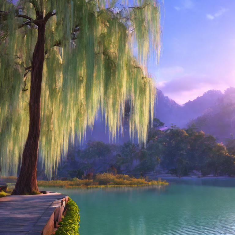 Tranquil sunset scene: lake, weeping willow, mountains, wooden dock