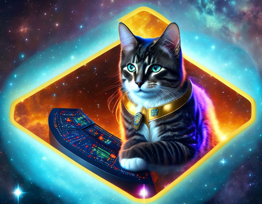 Futuristic cat with neon collar on cosmic backdrop