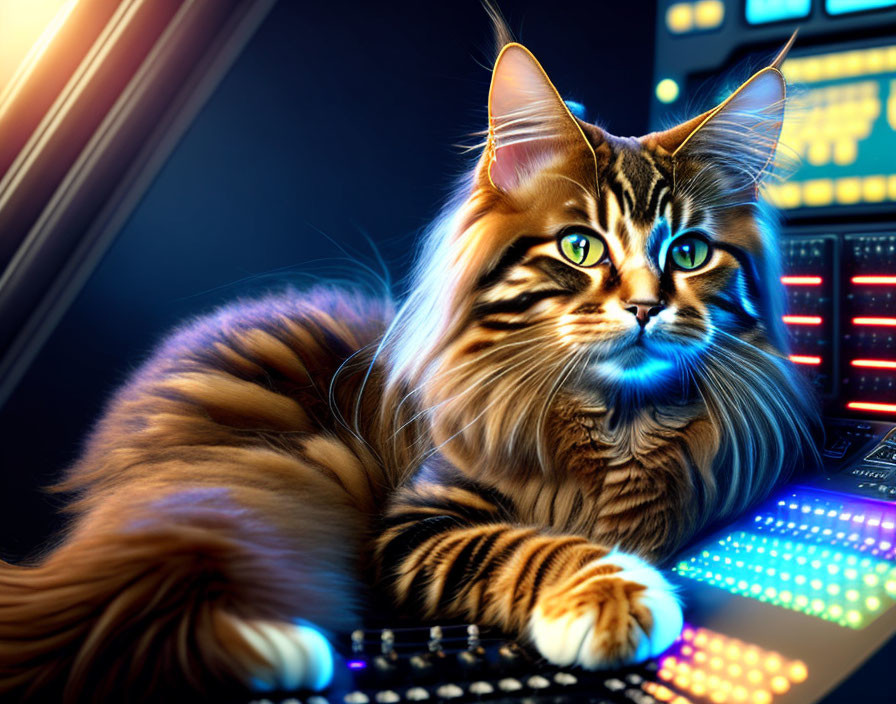 Digitally enhanced image of long-haired cat with blue eyes on glowing keyboard