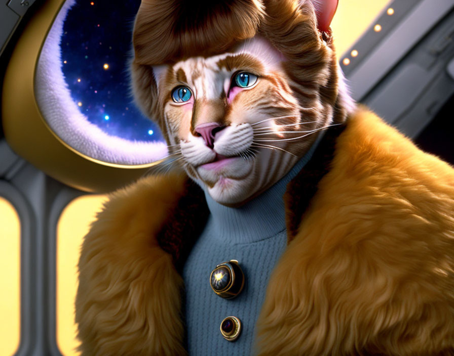 Anthropomorphic feline character in vintage coat inside spaceship with space view.