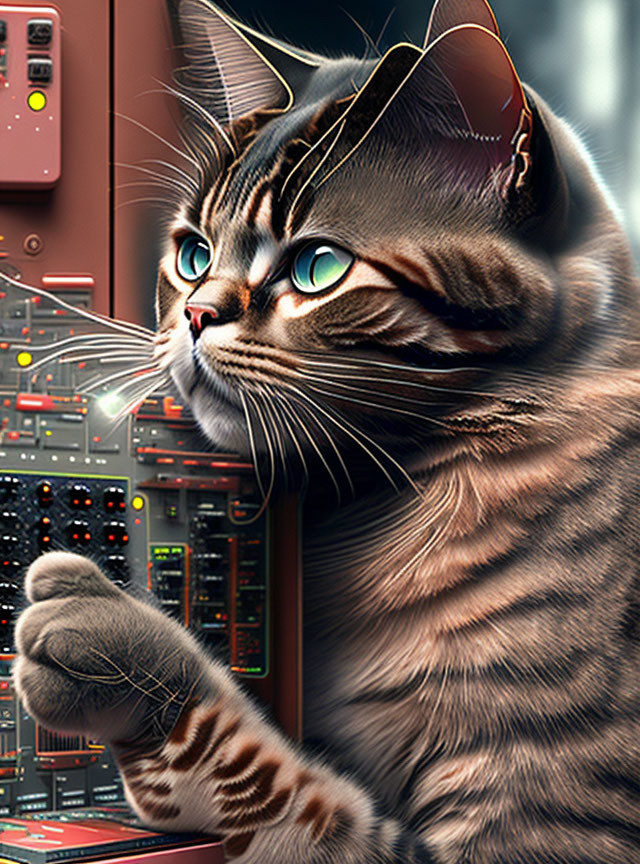 Tabby Cat with Green Eyes Observing Panel of Switches