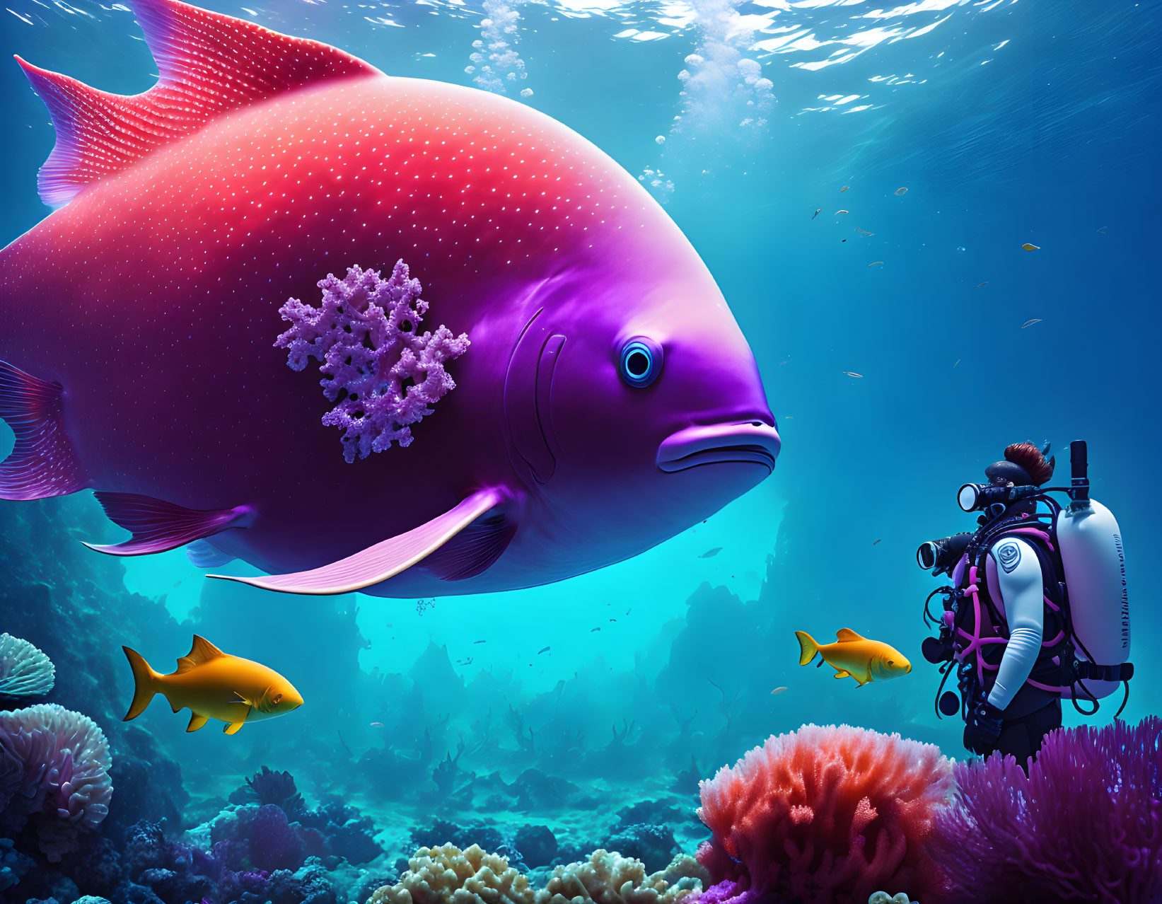 Colorful Underwater Scene with Diver and Red Fish amid Corals