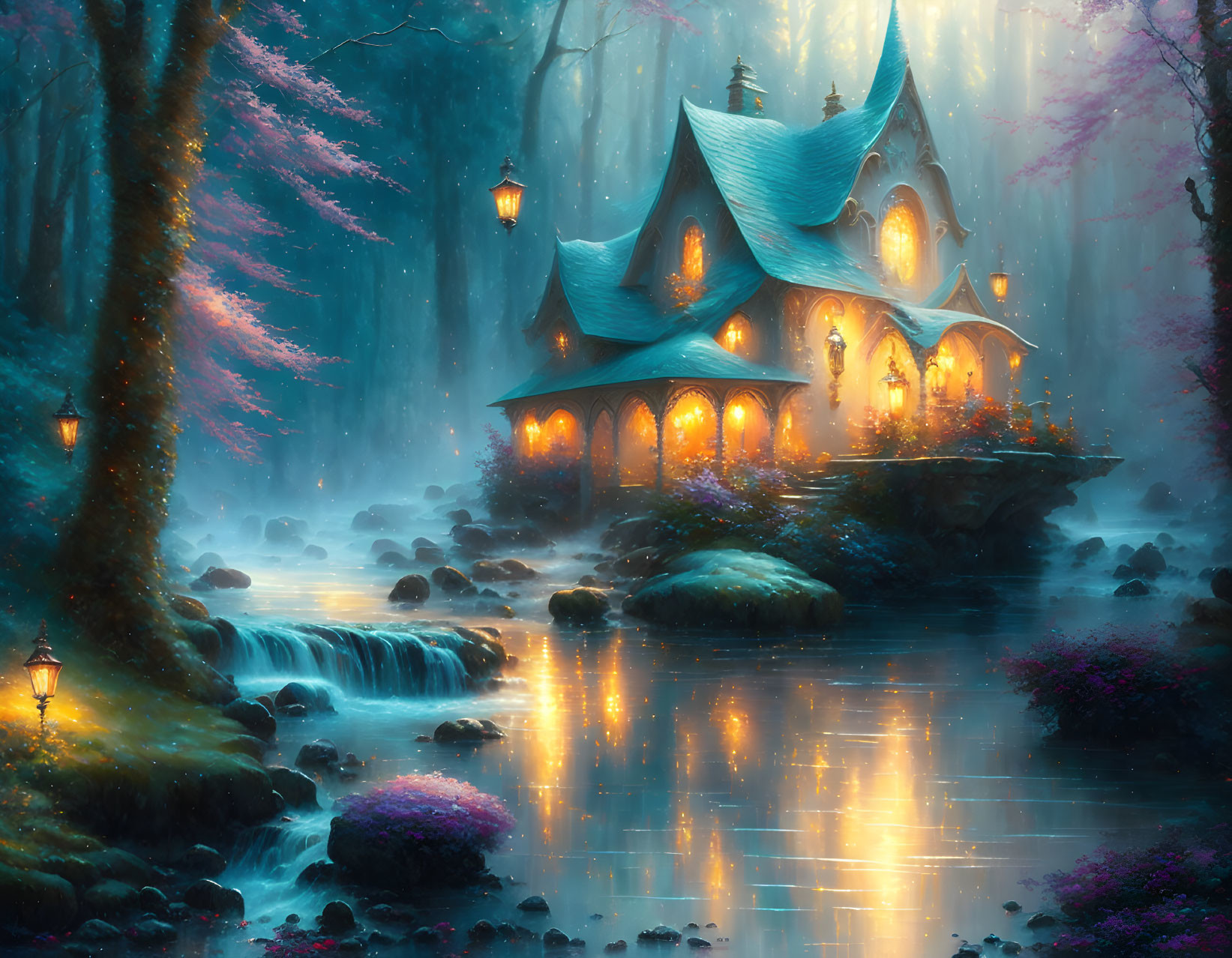 Enchanting Cottage in Serene Misty Forest