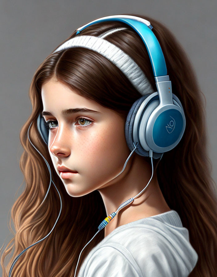 Young girl with brown hair in white headband listening to music in blue headphones