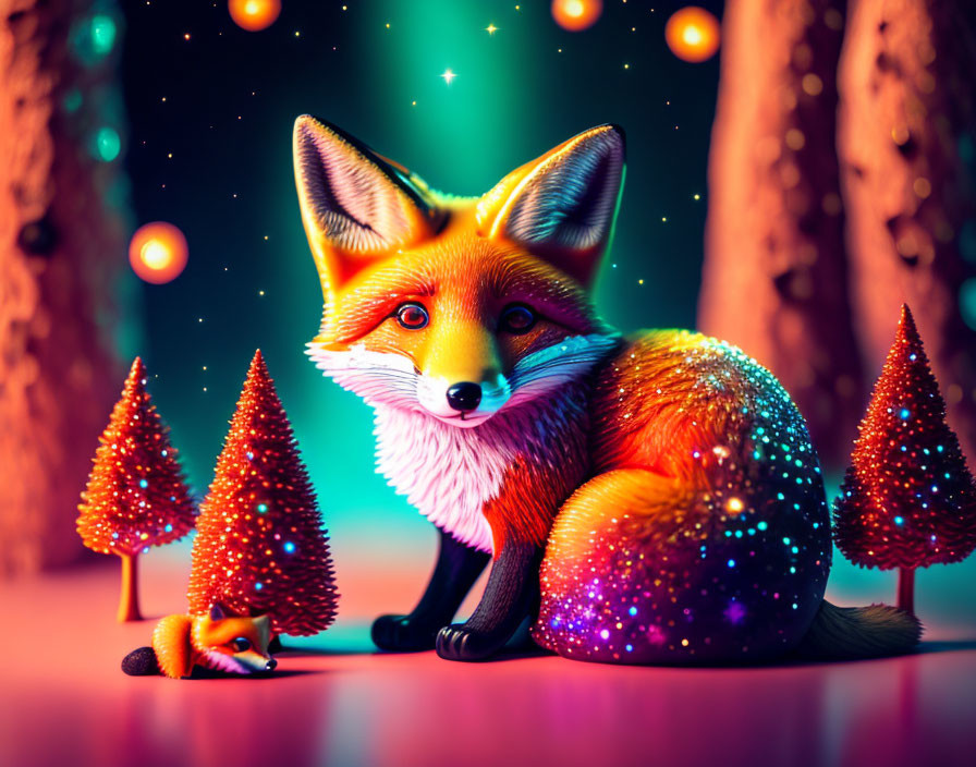 Colorful Fox Illustration in Starry Night Scene