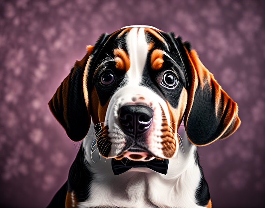 Tricolor dog with expressive eyes and glossy coat on purplish background