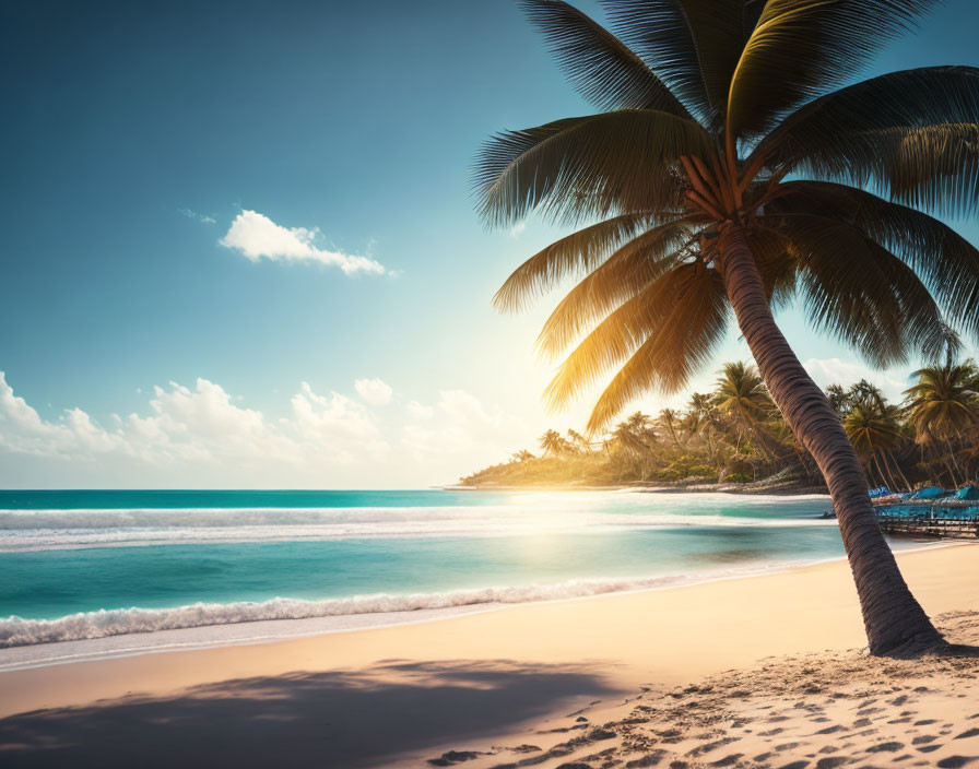 Sunlit Tropical Beach with Palm Trees and Golden Sand