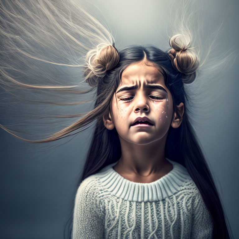 Young girl with teary eyes and buns hairstyle in emotional portrait.