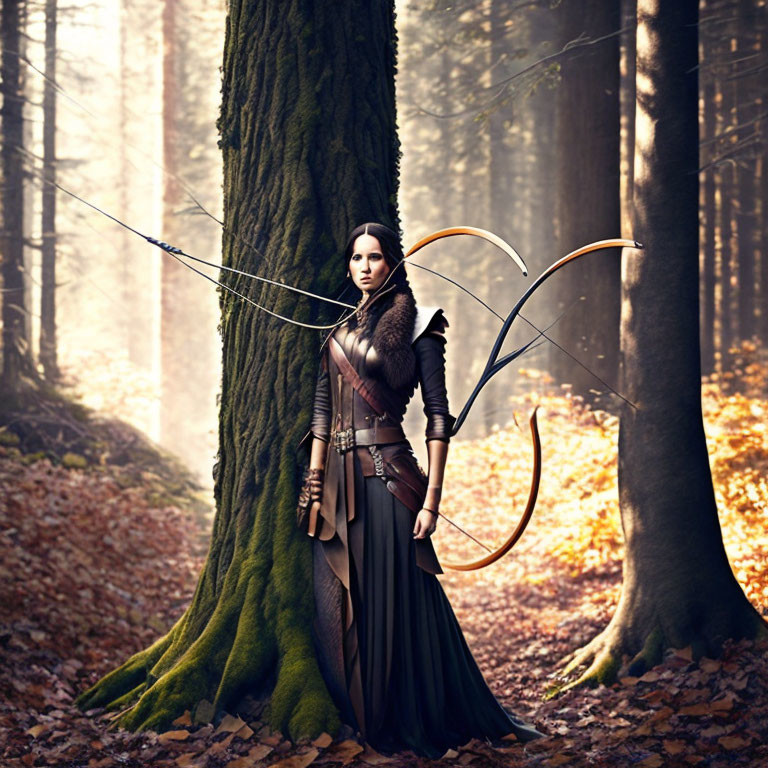 Medieval-inspired woman with bow in sunlit forest