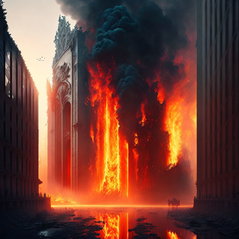 City cathedral engulfed in flames with thick smoke and fiery reflections.