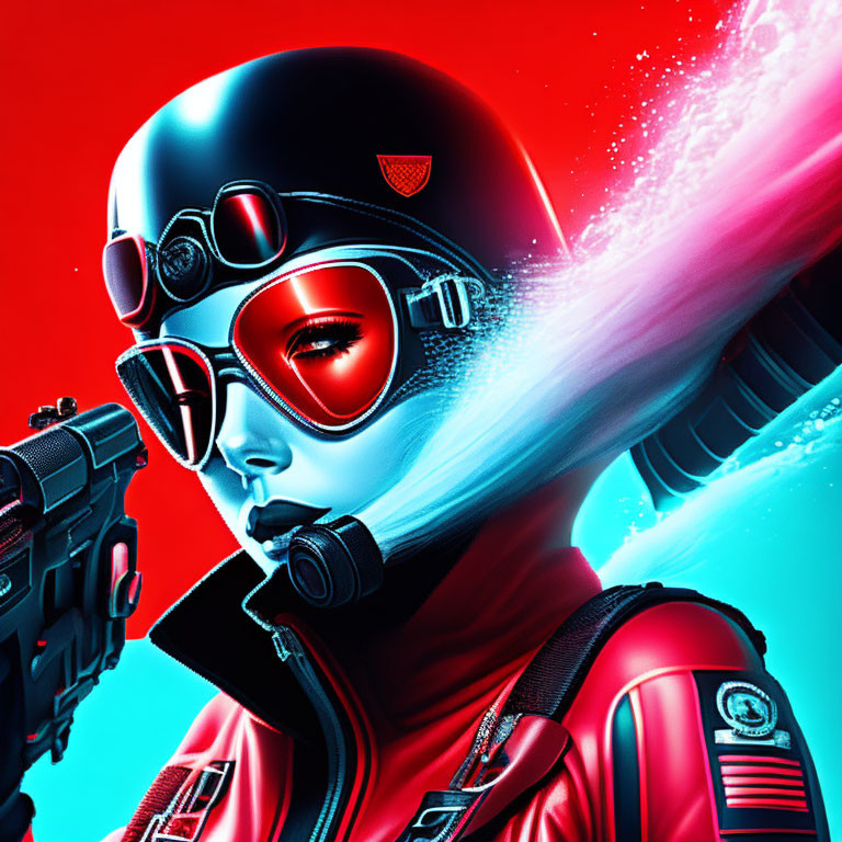 Futuristic female character with red goggles and gun in pink and blue setting