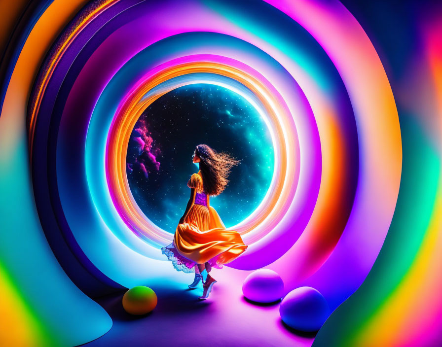 Girl in Orange Dress at Colorful Tunnel Entrance to Starry Sky