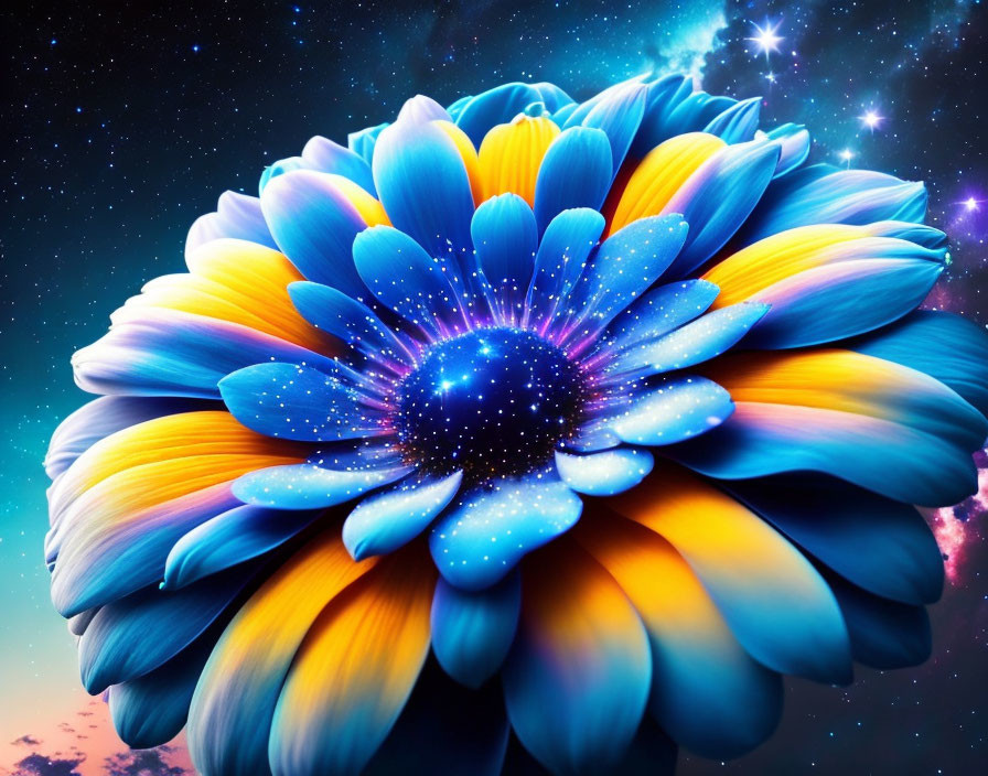 Digitally Enhanced Blue and Yellow Flower on Cosmic Starry Background