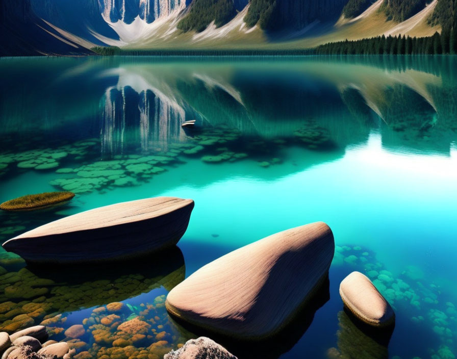 Serene lake with wooden boats, mountains, and greenery reflections