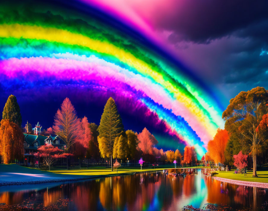 Colorful rainbow arcs over serene lakeside landscape with vibrant trees and classic building under dramatic sky