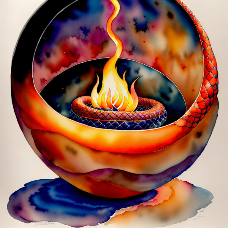 Colorful ouroboros encircling flame in vibrant illustration