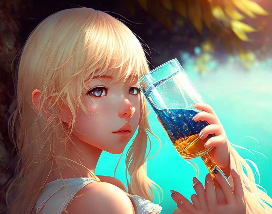 Blonde girl with expressive eyes holding glass with floating city