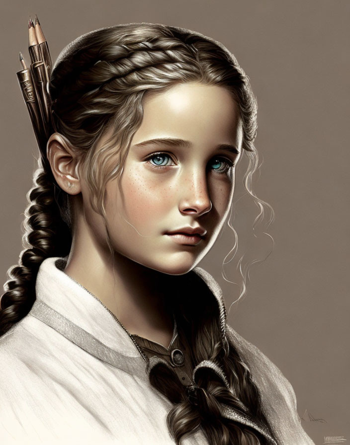 Young girl digital art with braided hair and pencils tucked behind ear