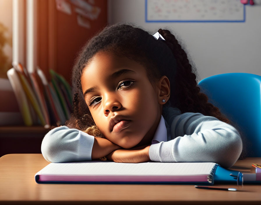 Young girl with curly hair pensive at desk with notebook and pencils