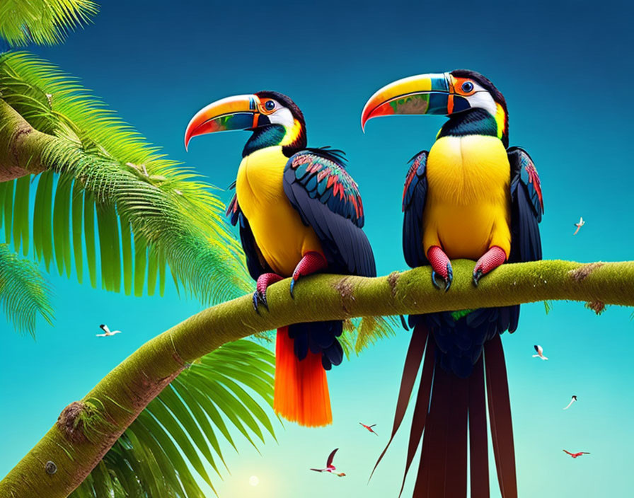 Colorful toucans on branch with greenery and blue sky