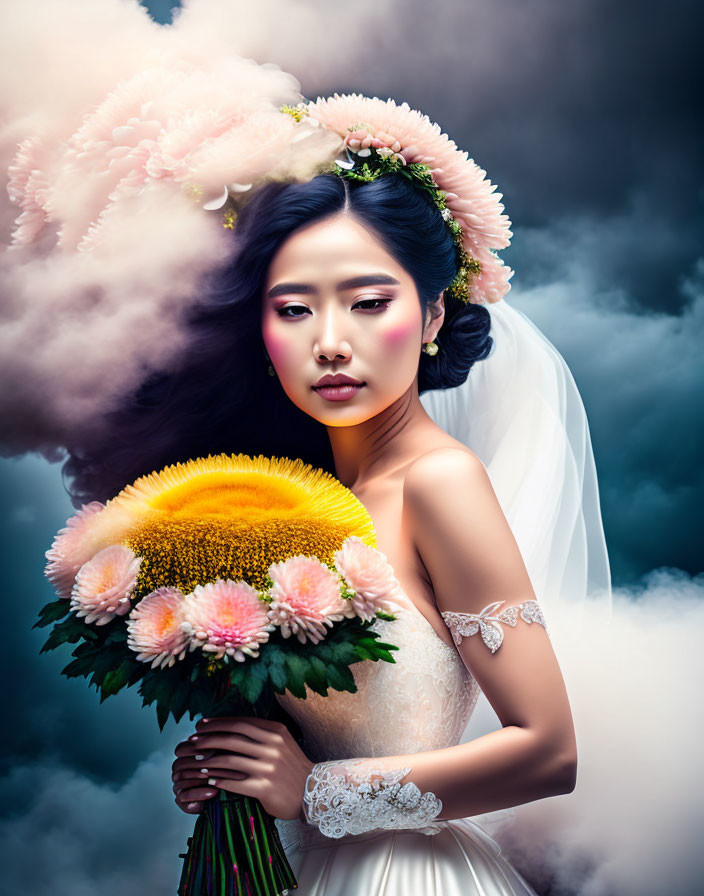 Bride with dramatic makeup and sunflower bouquet in white dress