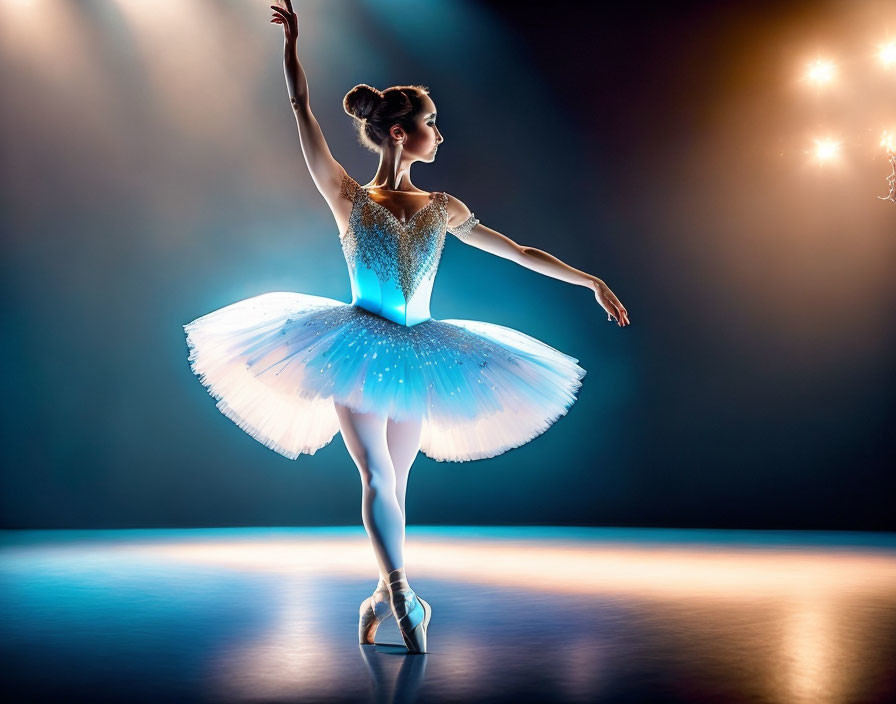 Graceful ballerina in sparkling tutu under stage lights