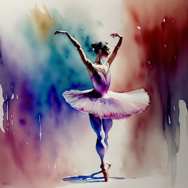 Vibrant watercolor painting of ballerina in tutu on pointe