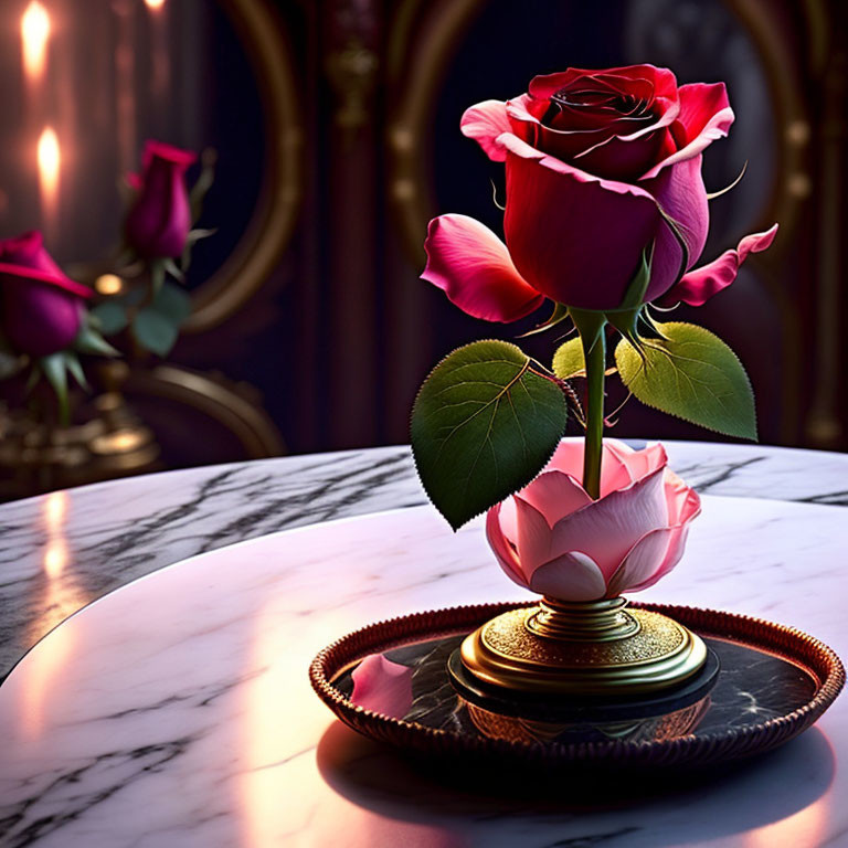 Vibrant pink rose in gold holder on marble table with candlelight