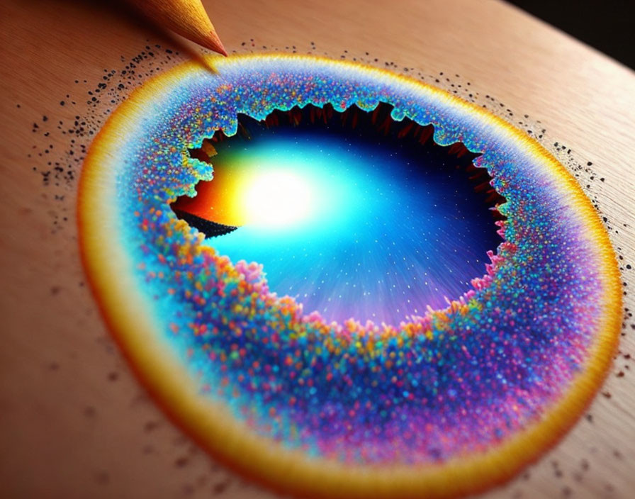 Colorful Circular Soap Bubble with Pencil: Cosmic Vibes and Light Reflections