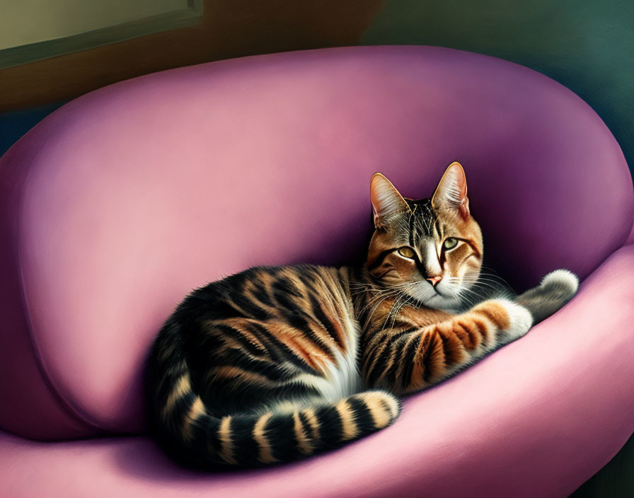 Tabby Cat Relaxing in Pink Chair - Casual Gaze and Comfortable Pose