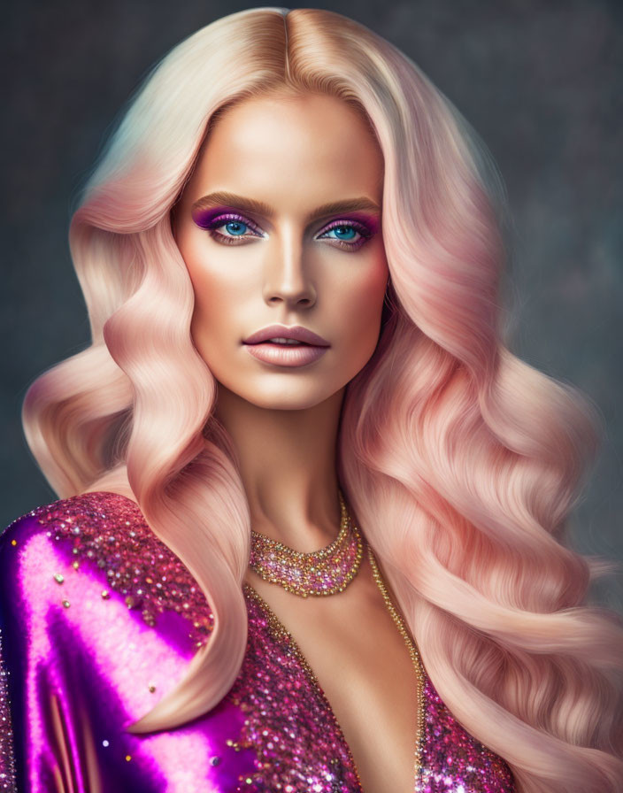 Woman with Pastel Pink Hair in Sparkly Purple Sequined Garment