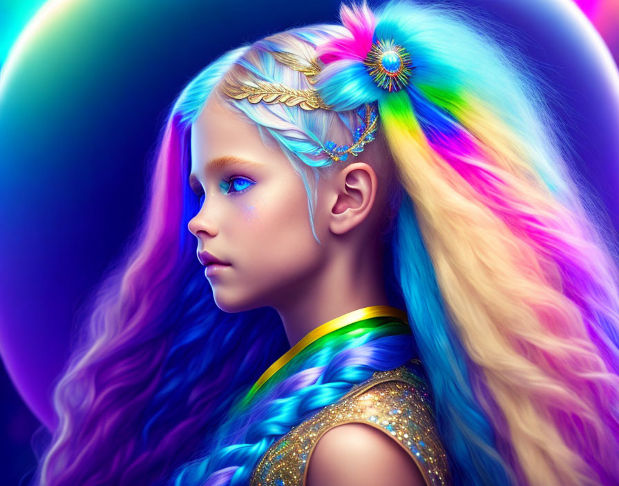 Multicolored Hair and Iridescent Makeup in Digital Art