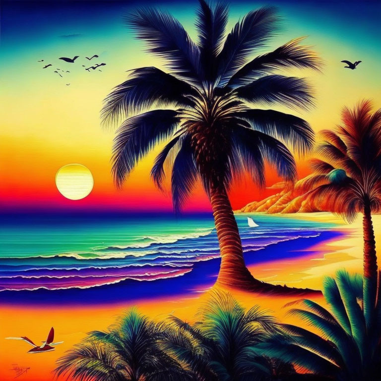 Colorful Beach Sunset with Palm Trees, Birds, and Ocean Reflection