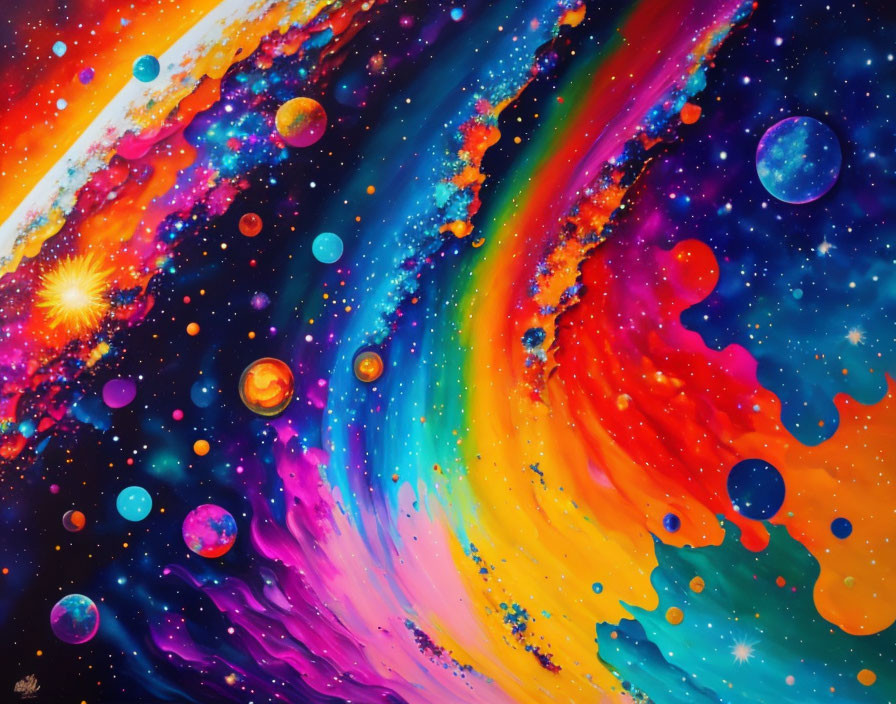 Colorful Cosmic Painting with Swirling Stars and Planets