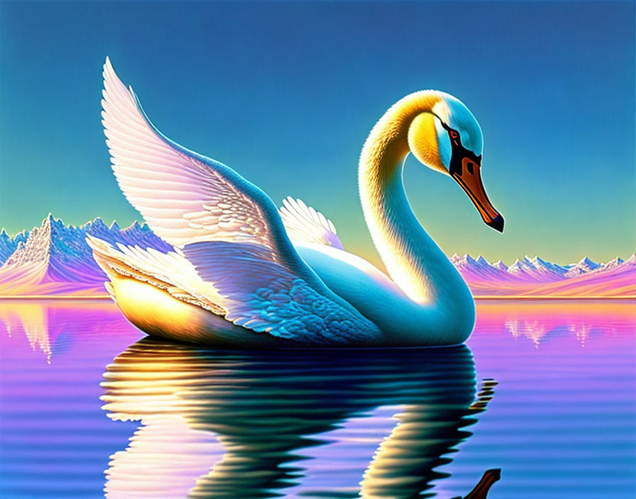 Majestic swan on calm waters with vibrant colors and surreal mountain backdrop